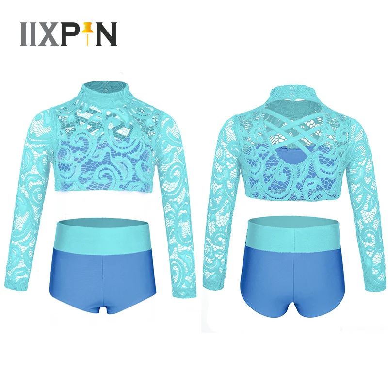 

IIXPIN Kids Girls Long Sleeves Mock Neck Criss Cross Crop Top with Briefs Outfit Set Dancewear for Dancing Stage Performance