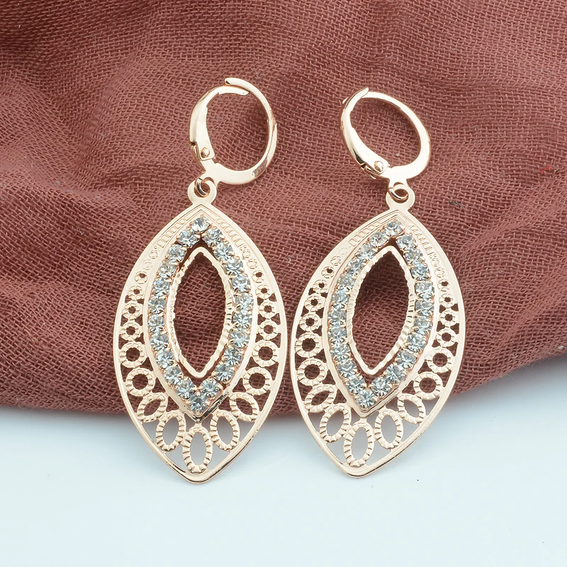 

Women Girls Long Earrings Rose Gold Color Cubic Zircon Oval Hollow Drop Earrings
