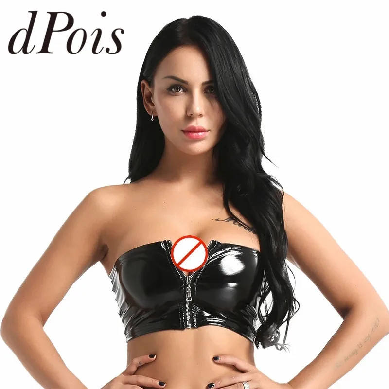 

Sexy Womens Black Wet Look PU Leather Front Zipper Non-Padded Bandeau Bra Tube Tops Bra Crop Top Tank Top Club Party Clubwear
