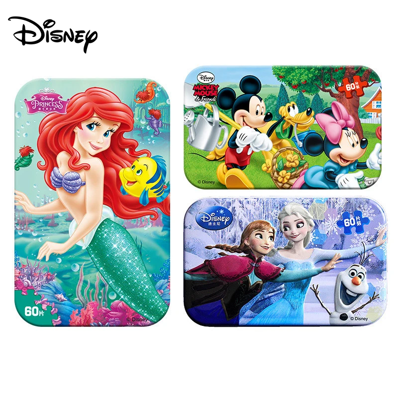 

Disney Iron Box Puzzle Wooden Toys Early Learning 60 Pieces Mickey Snow Princess Sofia Racing Puzzle