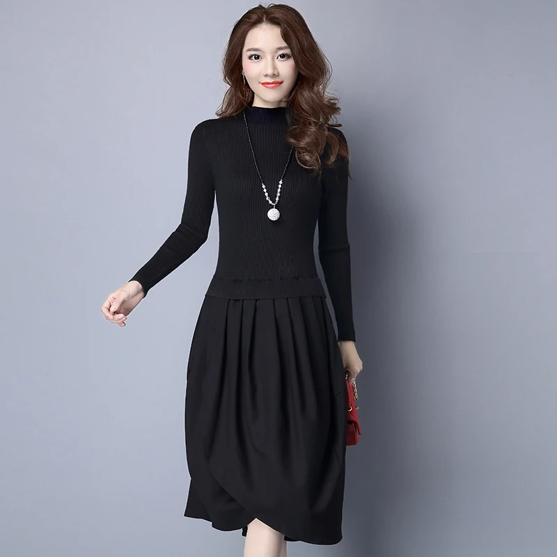 Новые женские зимние платья корейский ложный комплект из двух предметов высокий уличный модный OL с длинным рукавом сексуальный шерстяной вязаный свитер платья