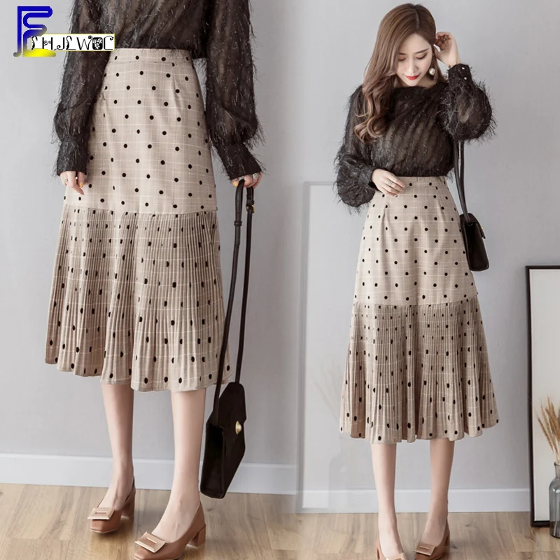 

2019 Spring New Women Skirts Hot Sales Cute Elegant Lady Patchwork Polka Dot High Back Elastic Waist Vintage A Line Skirt 562