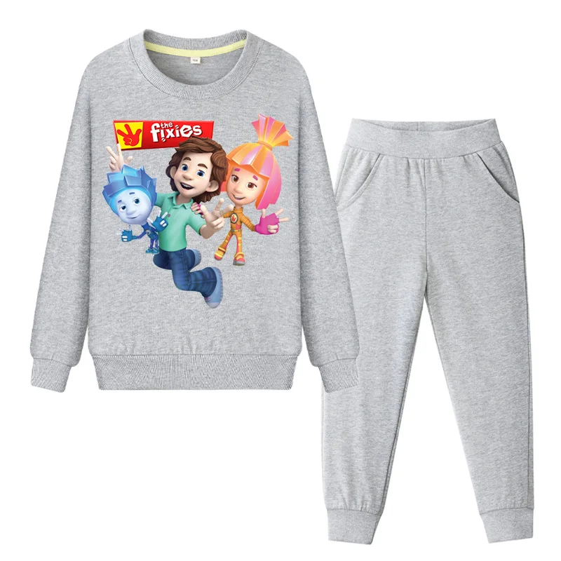 Весенне-осенние комплекты одежды для мальчиков и девочек; тонкие спортивные костюмы из хлопка для малышей; комплект одежды с рисунком Фиксики; костюм с курткой; ZC098