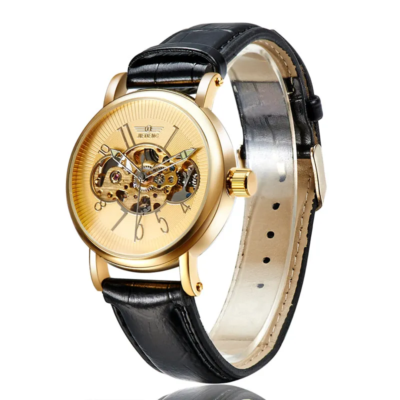 Men Watches Leather Strap Military Golden Face Luxury Analog Self Wind
