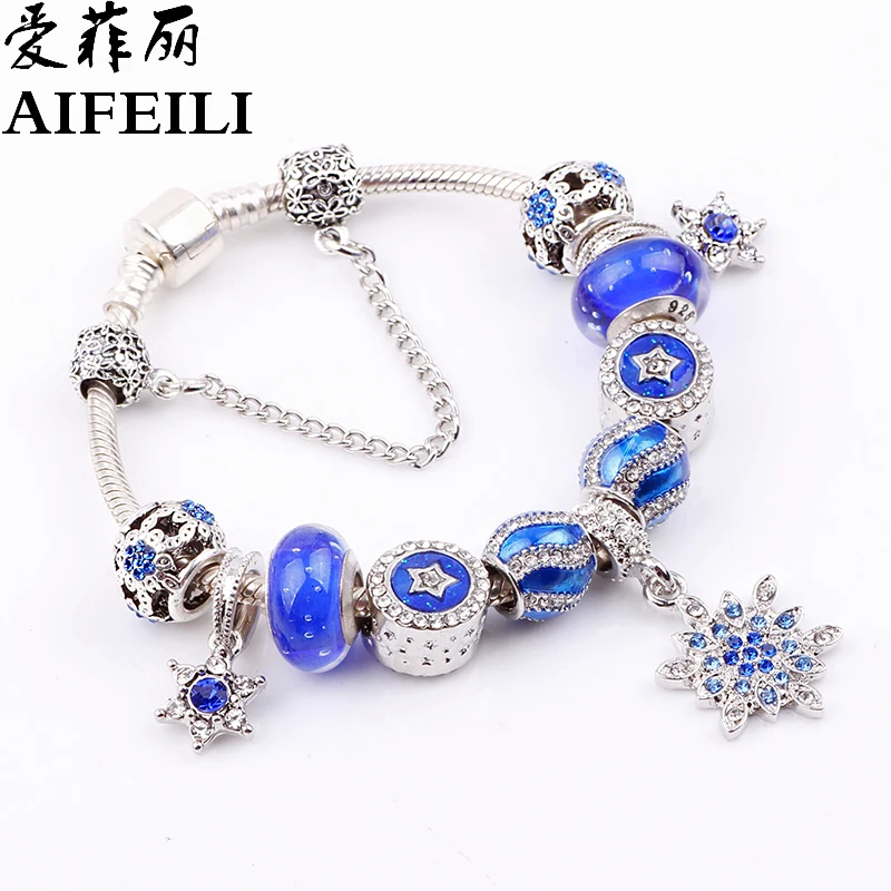 

AIFEILI Vintage Silver Color Charm Glass Bracelets For Women Crystal Heart Beads Bracelets & Bangles Pulseras DIY Jewelry Gift