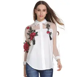 2018 Лидер продаж цветочной вышивкой блузка плюс Размеры XXXL Белый Mesh Лоскутная брендовая рубашка женские офисные с длинным рукавом полые