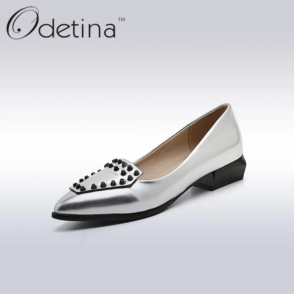 

Odetina Fashion Women Pointed Toe Rivets Loafers 2017 Spring&Summer Ladies Slip on Flats Silver Women Casual Shoes Big Size
