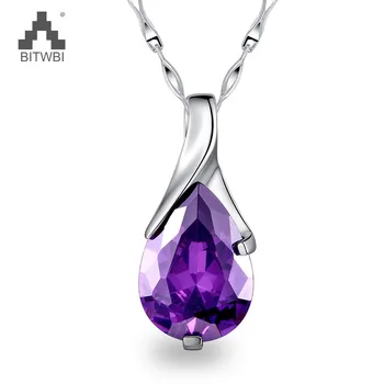 

2018 New 100% 925 Sterling Silver Purple Crystal Pendant Angel Tear Amethyst Necklace for Women Fine Fashion Jewelry