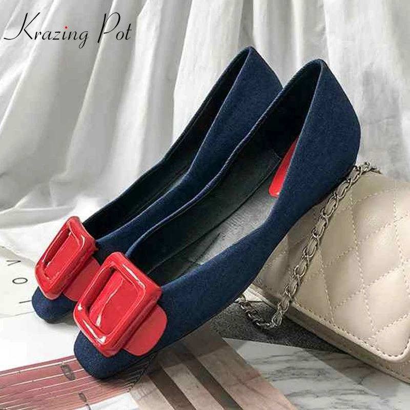 

Krazing Pot 2019 denim material real leather brand women square toe casual square buckle decoration young girl cozy flats La9