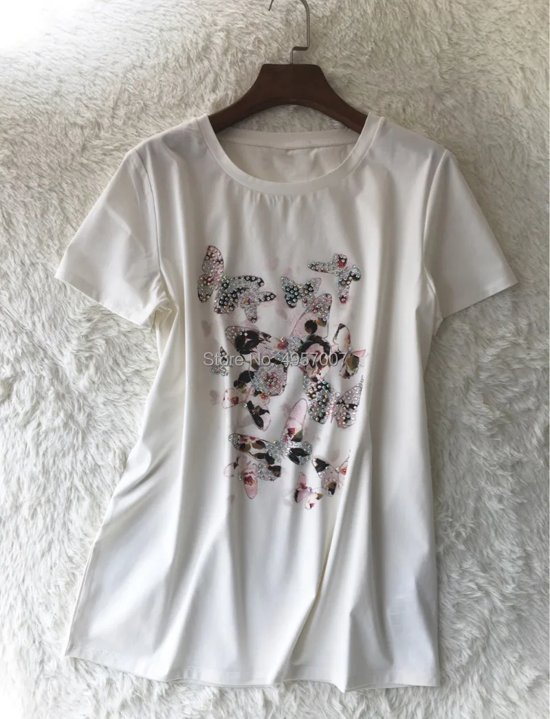

Elfbop Ladies Silk Cotton Rhinestone Butterfly Printed Tees Top - 2019ss White O Neck Short Sleeve T-shirt