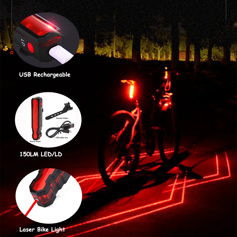 

Waterproof Laser Bike Light Front Rear Safety Warning Bicycle Light USB Rechargeable Bike Tail Rear Light 150LM LED Cycling Lamp