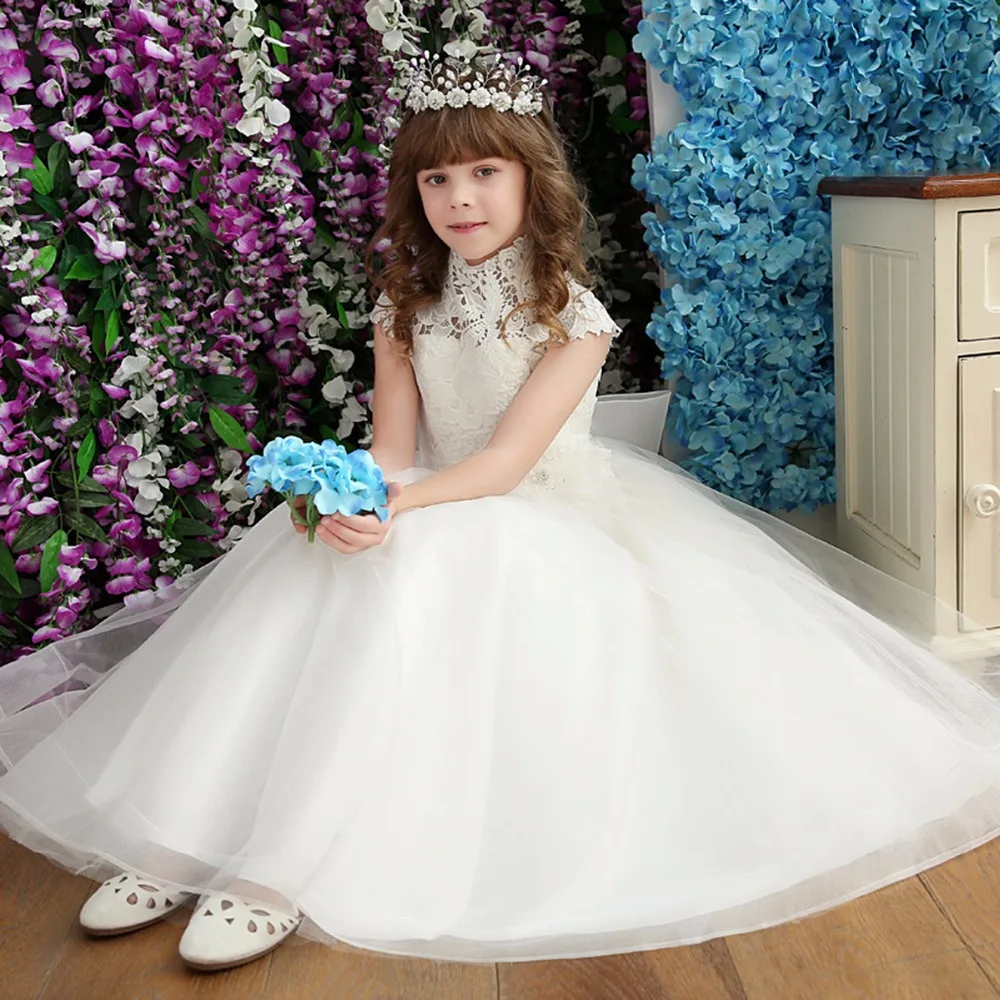 Puseky 2017 Girl Lace Dress With Sweet Flower For Age 3-7 Baby Kids Princess Wedding Prom Party White Big Bow Gauze Long Dress