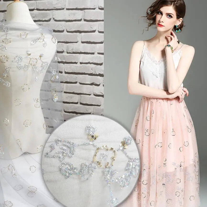 1Yard Sequin Applique Embroidered Chiffon Fabric Lace Cloth For Handicrafts Apparel Sewing Wedding Dress DIY Clothing Doll Cap 1Yard Sequin Applique Embroidered Chiffon Fabric Lace Cloth For Handicrafts Apparel Sewing Wedding Dress DIY Clothing Doll Cap