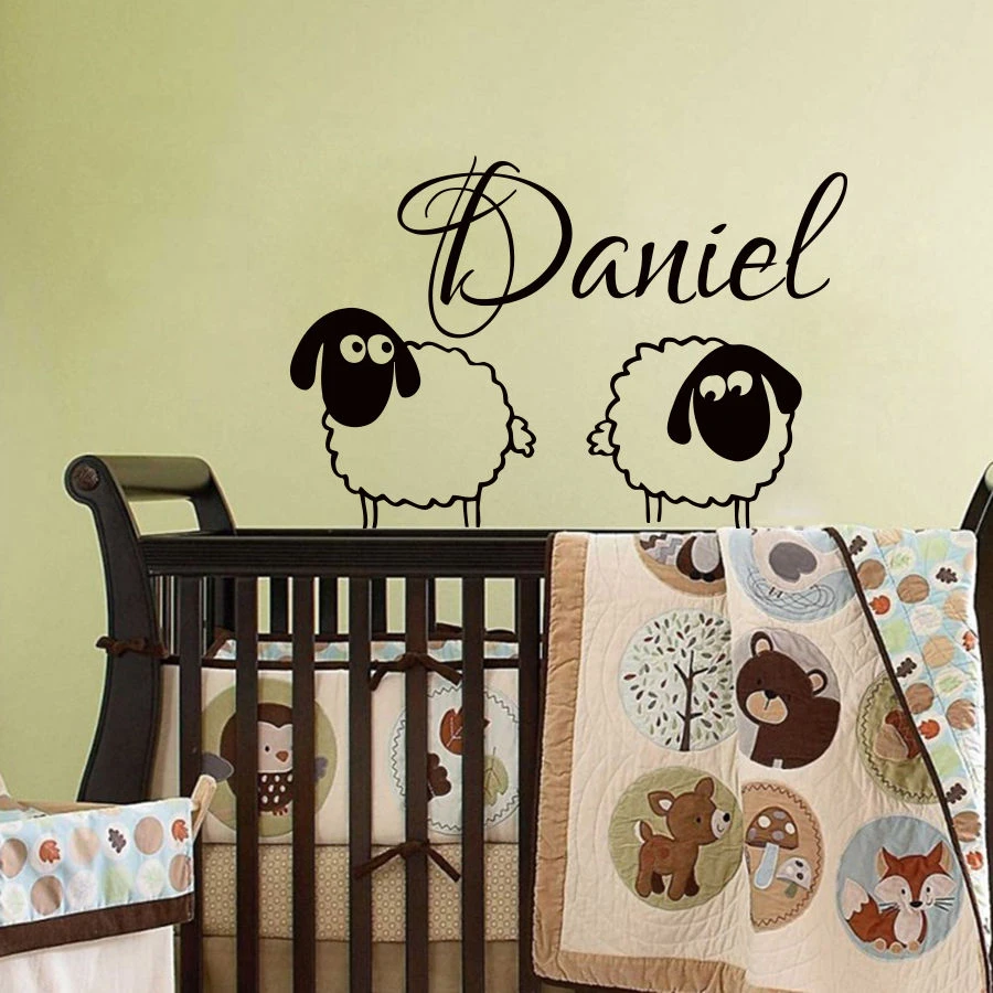 Pepiniere Nom Sticker Mural Pour Enfants Chambres Deux Beau Mouton Mouton Avec Nom Personnalise Sticker Mural Garcon Bebe Chambre Decor Ww 42 Aliexpress