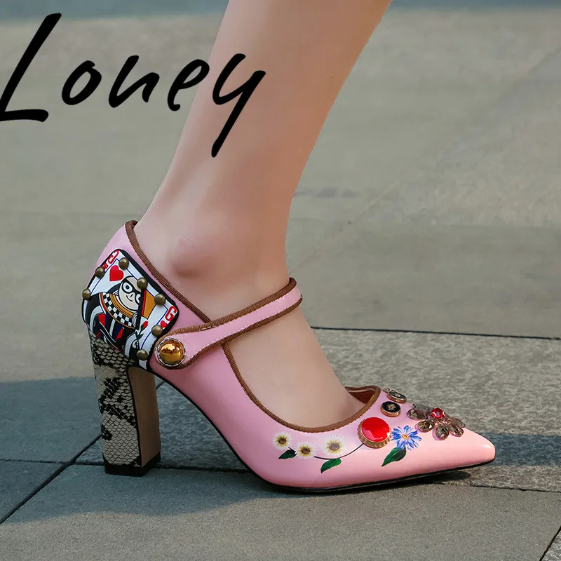 

Loney New Spring Summer Genuine Leather Pink Buckle Strap Women Pumps Sexy Pointed Toe Printed Floral Women Pumps Shoes Women