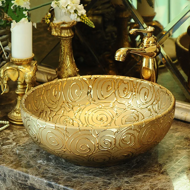 Luxurious Rose Embossed Golden porcelain bathroom vanity bathroom sink bowl countertop Round Ceramic bathroom sink wash basin Luxurious Rose Embossed Golden porcelain bathroom vanity bathroom sink bowl countertop Round Ceramic bathroom sink wash basin