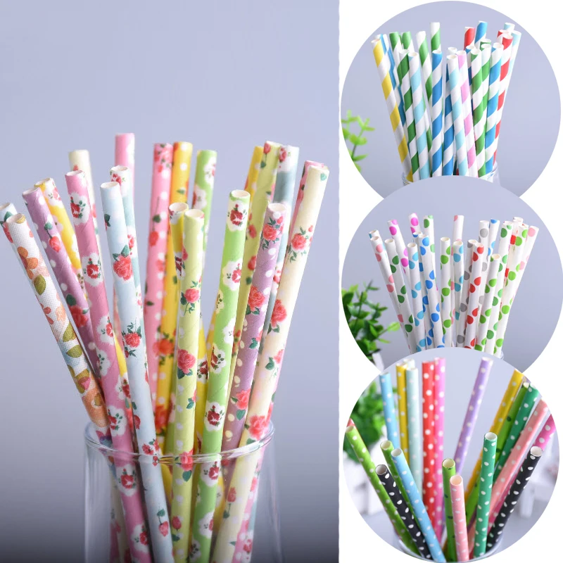 50pc/lot Flower 4style Vintage Retro Floral Paper Straws Biodegradable Drinking Paper Straws for