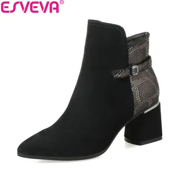 

ESVEVA 2019 Ankle Boots Women Fashion Autumn Shoes Zipper Square High Heels Shoes Patchwork Pointed Toe Woman Shoes Size 34-42