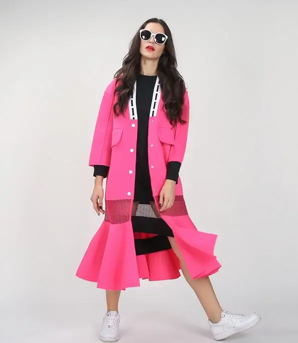 [TWOTWINSTYLE] уличная одежда длинное пальто для женщин ветровка Осень v-образный вырез рыбий хвост подол Прозрачная сетка Мода - Цвет: ROSE