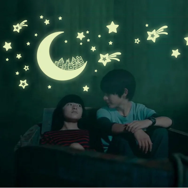 Glow Glass stickers fluorescence Meteor STAR moon permanent luminous children room dormitory decoration FAST RECEIVE 10 COLOR DA
