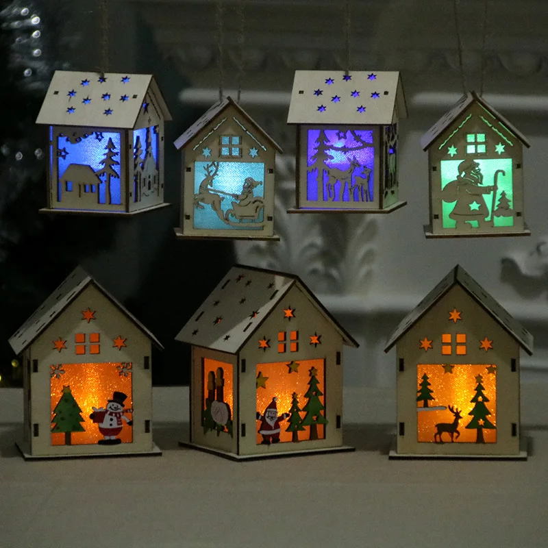 

1PC LED Light Wood House Pendant Novelty DIY Glowing Christmas Tree Hanging Ornaments Holiday Nice Xmas Gift Wedding Decoration