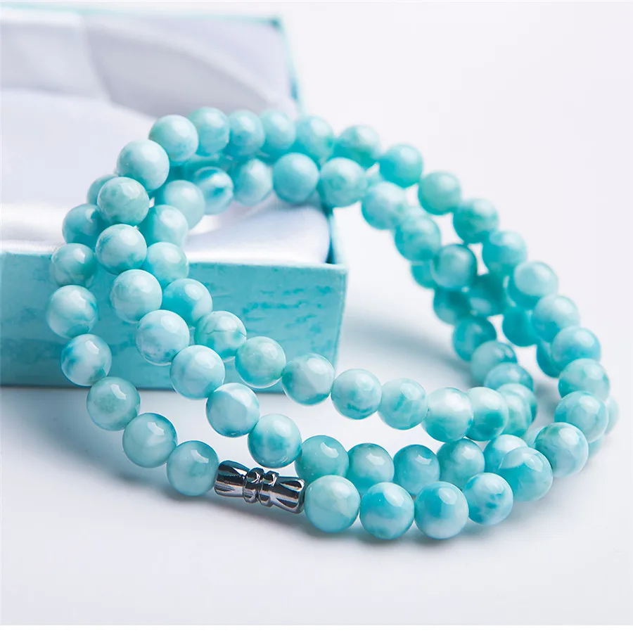 8mm Genuine Natural Blue Larimar Gemstone Crystal Round Bead Long Chain Necklace Women Femme AAAAAA Drop Shipping (3)