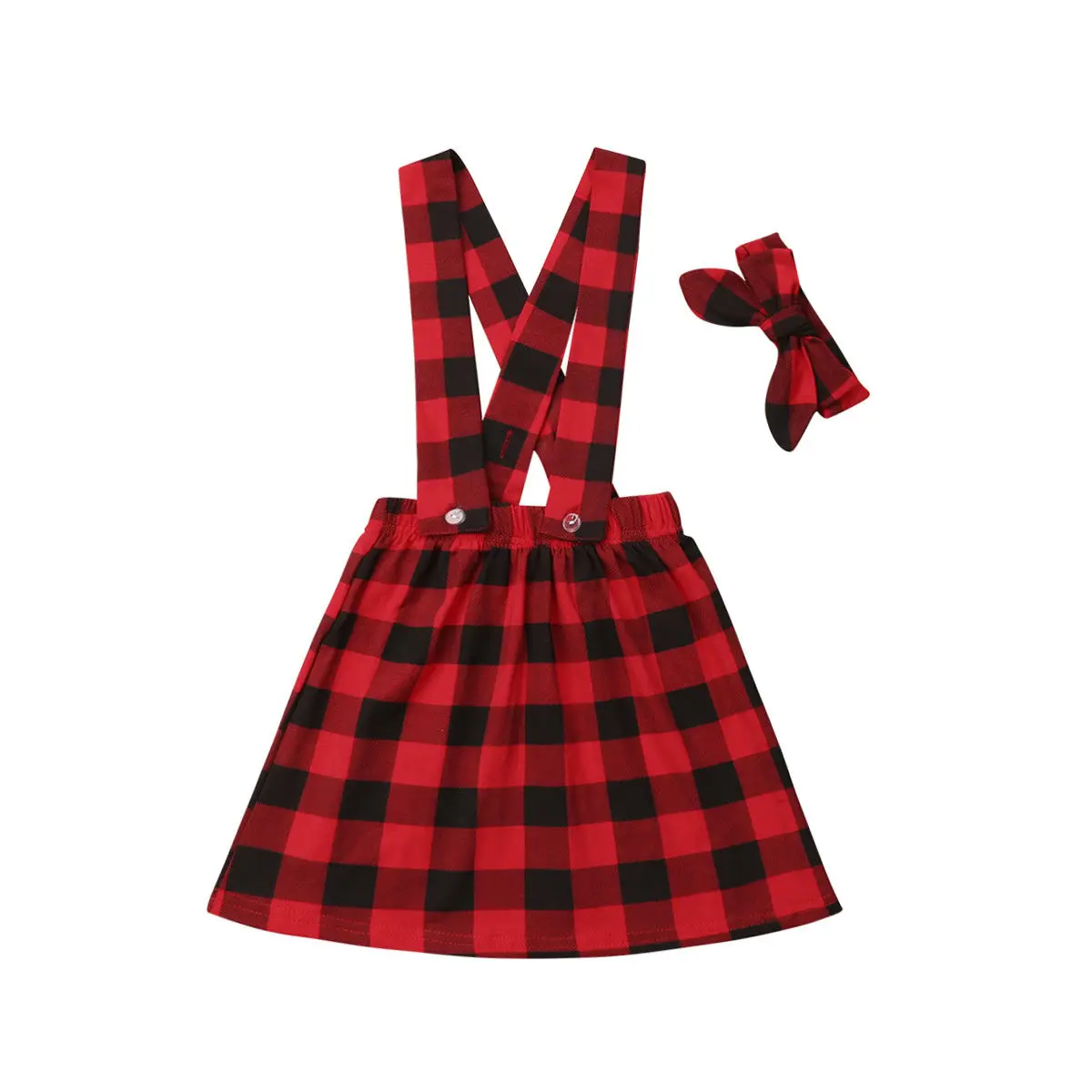 Детская юбка на подтяжках для маленьких девочек+ повязка на голову; комбинезоны; Новейшая модная повседневная хлопковая одежда; красная клетчатая Рождественская одежда