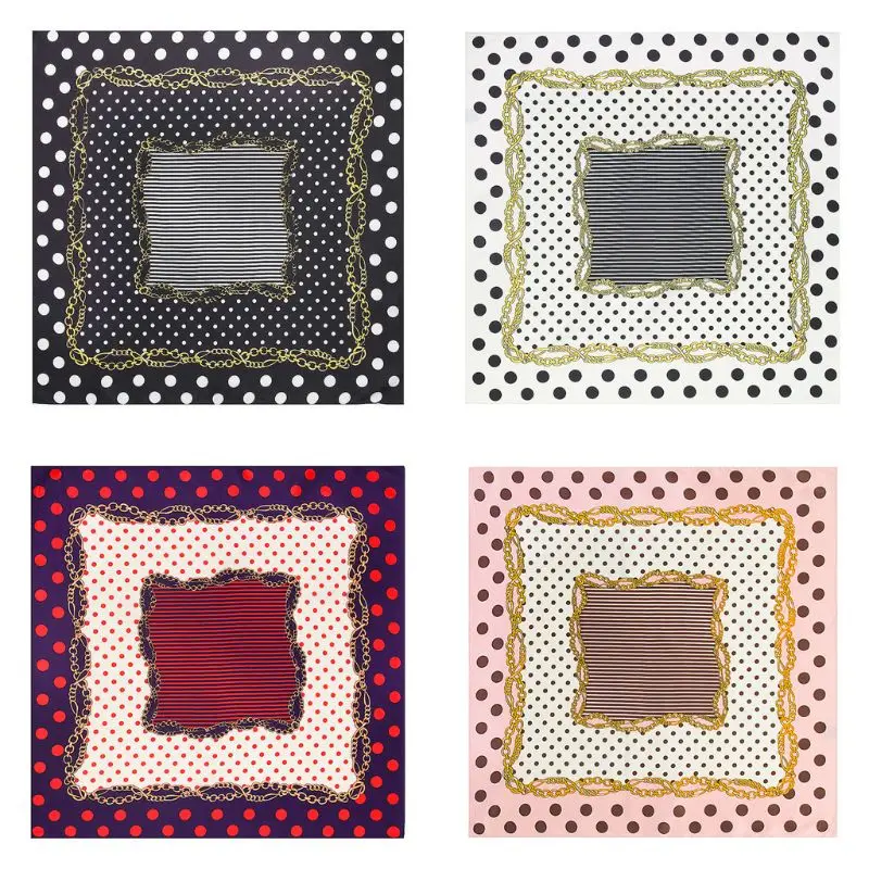 

Women Imitation Silk Square Scarf Vintage Polka Dot Metal Chain Print Neckerchief Geometric Handbag Decorative Bandana Headwrap