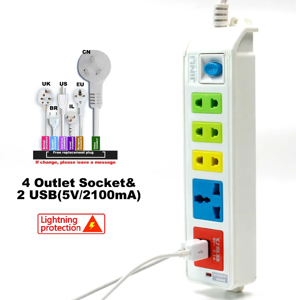 BR IL AU US UK EU plug Universal 4 Outlet Power Socket & 2 USB socket with Portable |