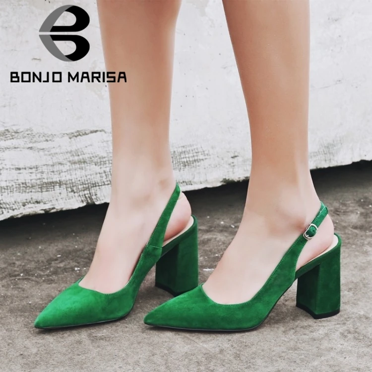 

BONJOMARISA Women Shoes Kid Suede Leather Pointed Toe Slingbacks Thick High Heel Pumps Summer Lady Party Heels Green Shoes Woman