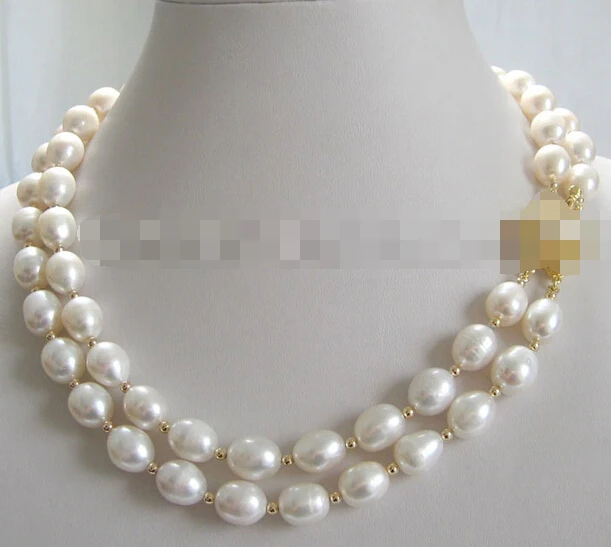 

10763 2row white rice baroque freshwater pearl necklace-GP clasp