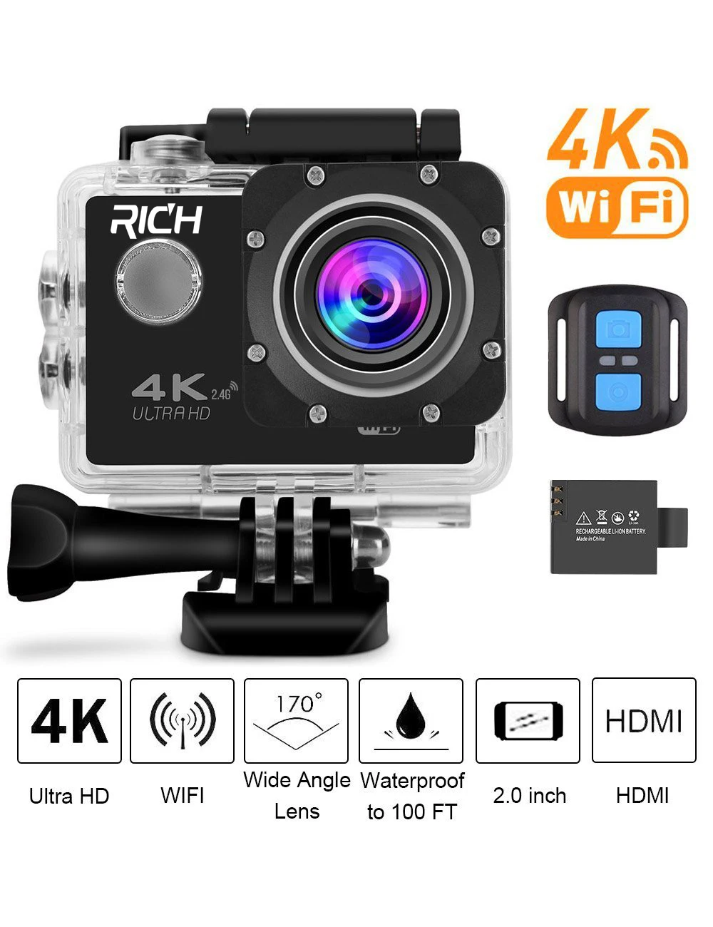 Богатая Экшн-камера F60 Ultra HD 4K WiFi 1080P DV Sport 2,0 lcd 170D объектив go Водонепроницаемый pro Hero style Аксессуары для камеры