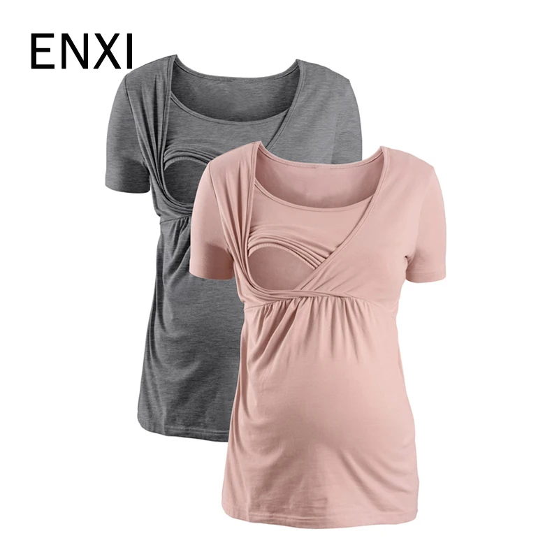 

ENXI Summer Maternity Breastfeeding Tops Nursing Clothes Pregnancy Clothes For Pregnant Women Short Sleeve Nursing Top 3XL