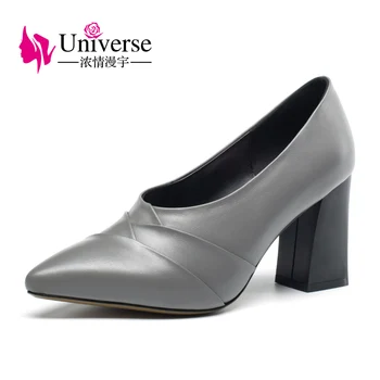 

Universe genuine leather shoes woman high heel pumps comfortable square heel ladies shoes G280