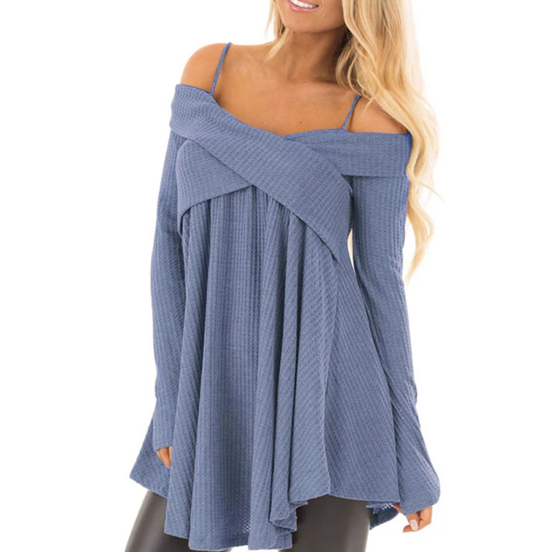 

Womens Sling Sweaters Solid Off Shoulder Stylish Autumn Knit Long Sleeve Woman Sweaters Dress Female Pullovers Tops LS048