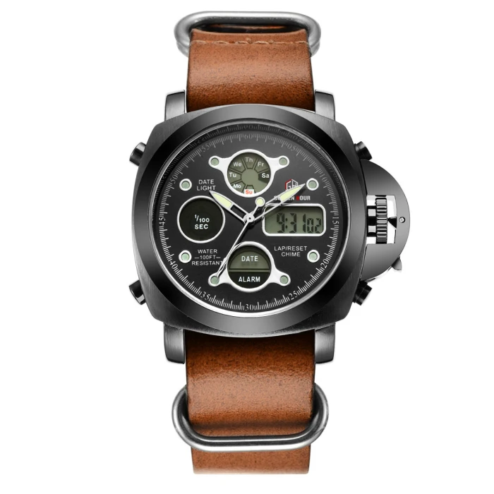 

GOLDENHOUR Men's LED Analog Digital Water Resistant Quartz Watches Sports Military Clock Leather Band Watch Relogio Masculino