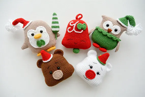 Вязаные крючком игрушки амигуруми Рождественская Сова Пингвин, колокольчик и медведь