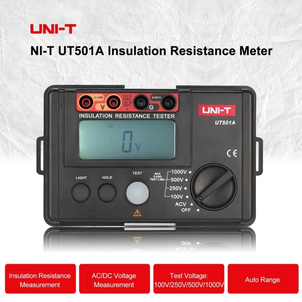 

UNI-T UT501A Digital Insulation Resistance Meter Ground Tester Megohmmeter Voltmeter High Voltage Input Alarm Backlight 1000V
