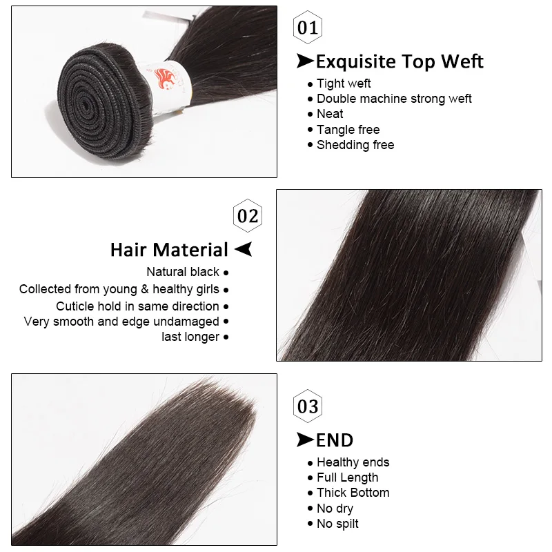 [FYNHA] Indian Virgin Straight Hair Weave 3 Bundles With Lace Closure Human Hair Extensions