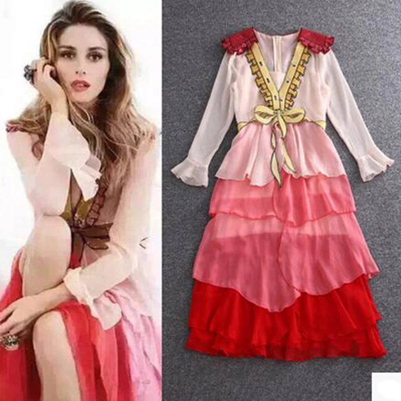 

European goats section heavy industry embroidery bow sequins pink temperament ladies lotus leaf cake dress