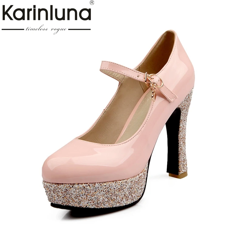 

KARINLUNA Patent Leather 2018 Large Size 33-43 Office Platform Chunky Heels Woman Shoes Buckle Strap Elegant Party Wedding Pumps