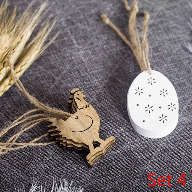 Set 2 Beyonday 8PCS Household Handcraft Pendants DIY Eggs Easter Wood Chips Wooden Easter Decorations Hanging Ornaments