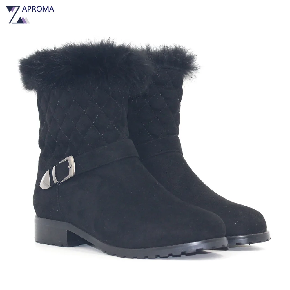 Winter Rabbit Hair Warm Mid Calf Snow Boots Buckles Women Med Heel Black Fur Shoe 2018 Basic Plush Square Heel Flock Booties lukuco pure color women mid calf snow boots with faux fur design high quality pu made med wedges heel shoes