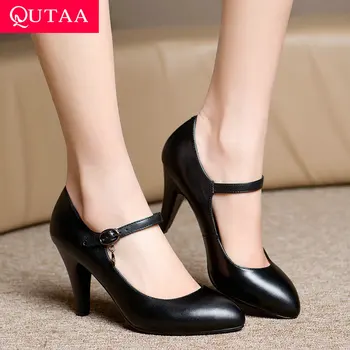 

QUTAA 2019 Sexy Wedding Buckle Women Pumps Fashion Women Shoes Thin High Heel Pointed Toe All Match Ladies Pumps Size 34-42