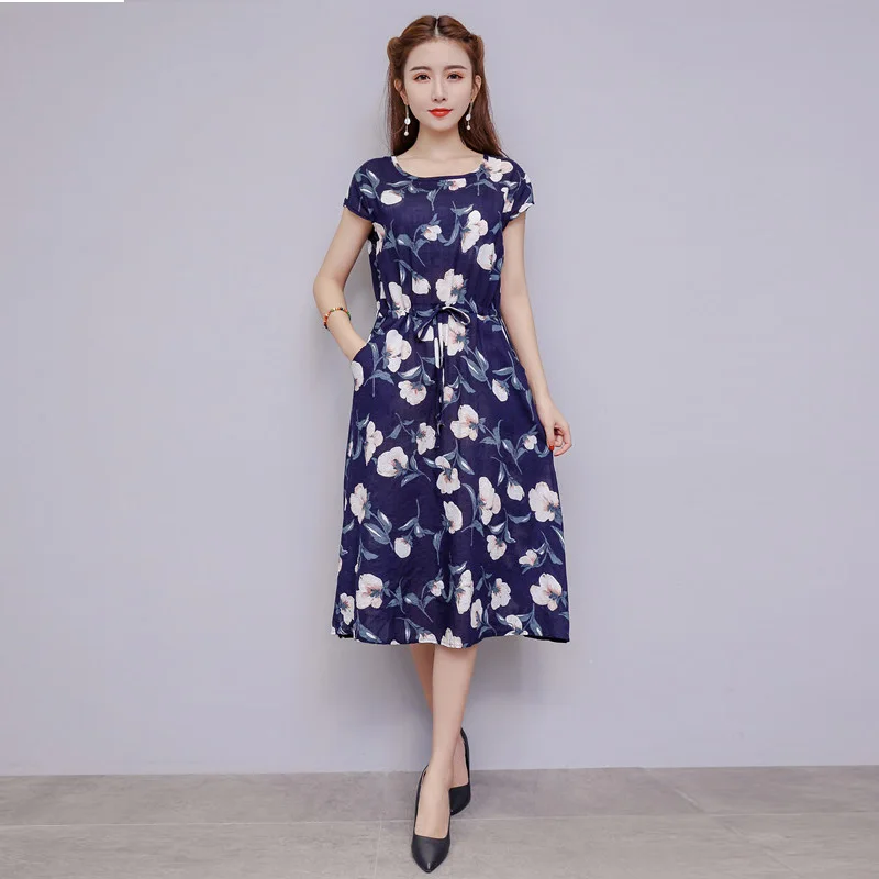 

2019 Summer Cotton Linen Dress Women Loose Plus Size Casual Print Floral Dresses OL Vintage Boho Beach Sundress vestidos 4XL