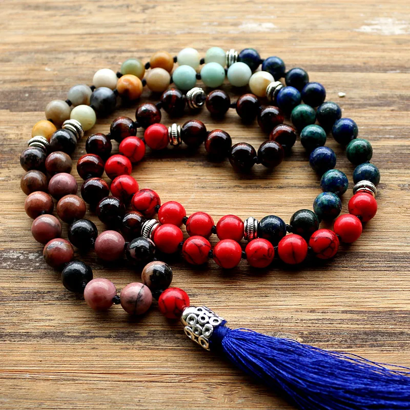 

High quality 8mm Natural stone Beads Mala Buddhist Prayer for Meditation Necklace Knotted Bead Yoga Long Necklace Jewelry