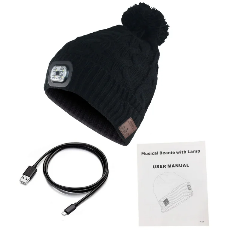 4 High Brightness LED Bluetooth Headphone Beanie Hat Outdoor Sports Wireless Headset Rechargeable Headlamp Cap with Mic