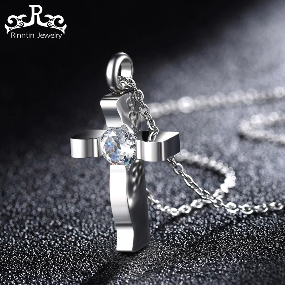 

Rinntin Stainless Steel Pendant Silver Color Cross Necklace For Women Men With AAA CZ Unisex Pendant Men Christmas Gift DGTN40