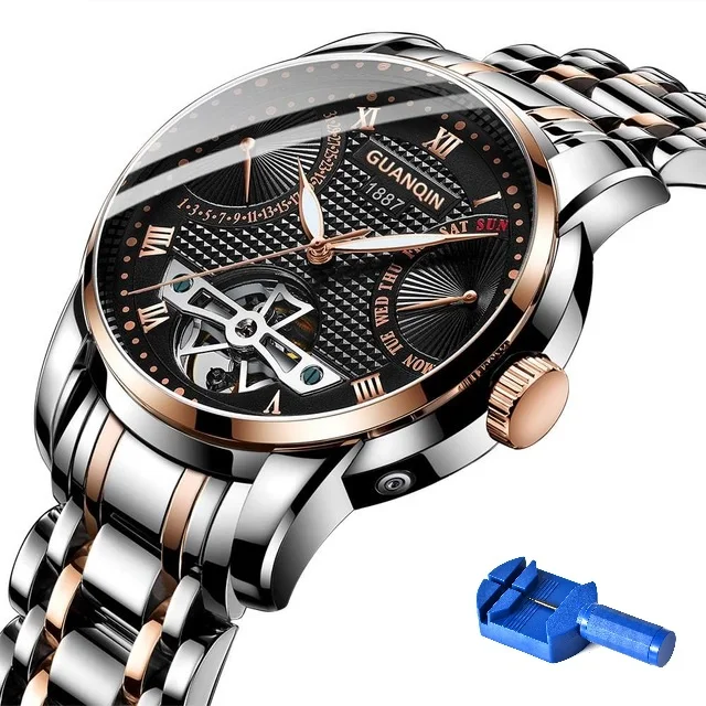 GUANQIN GH17002 автоматические мужские часы с автоматическим заводом механические часы Tourbillon Дата Неделя люксовый бренд Мужские часы ремешок для часов инструмент для фиксации - Цвет: Rose Gold Black Tool