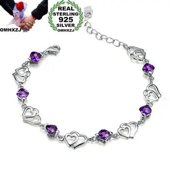 

OMHXZJ Wholesale Personality Fashion OL Woman Girl Gift White Heart Hollow Purple Zircon Chain 925 Sterling Silver Bracelet BR34